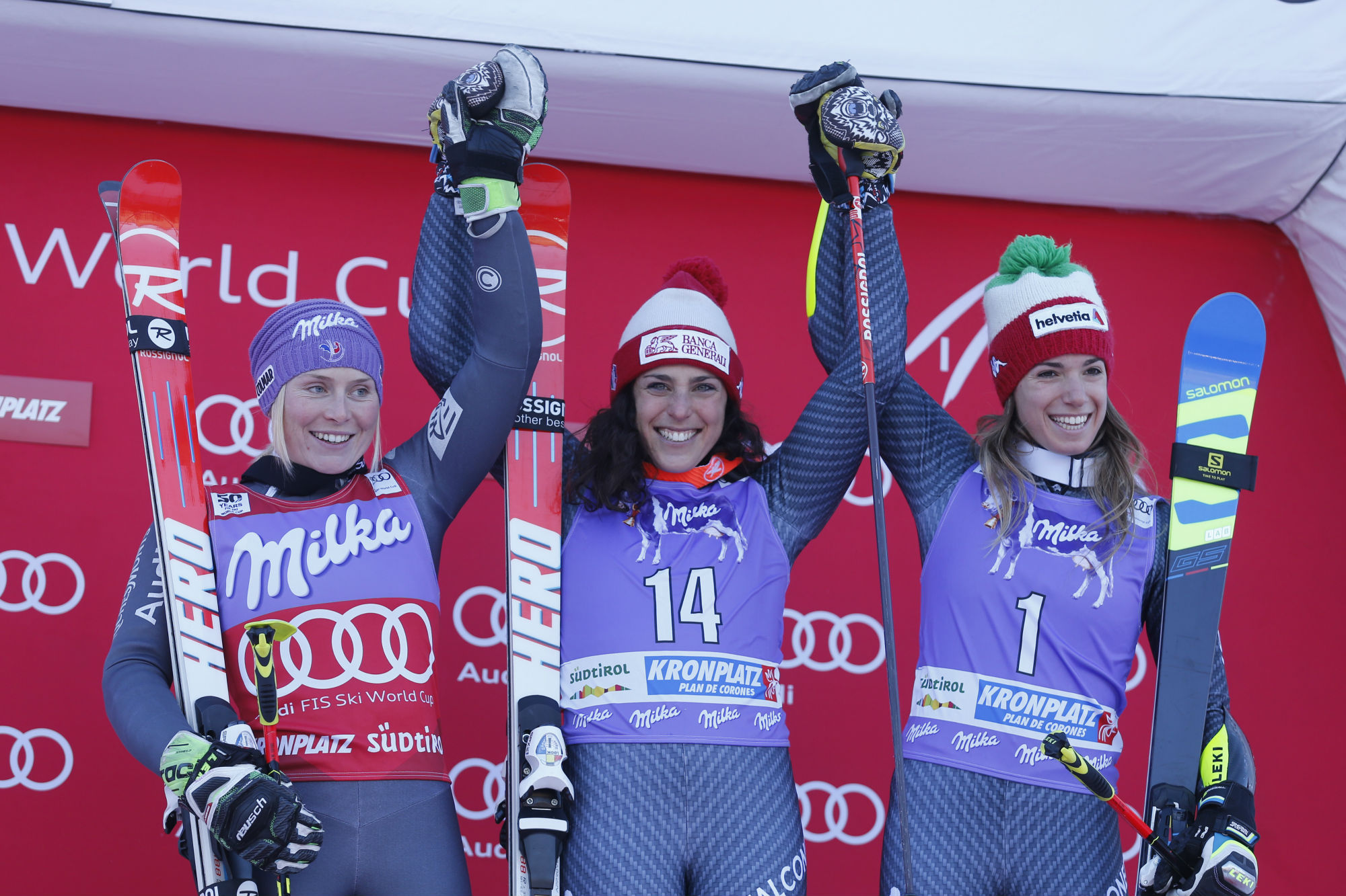 Tessa Worley, Federica Brignone e Marta Bassino sul podio a Kronplatz (@Pentaphoto)