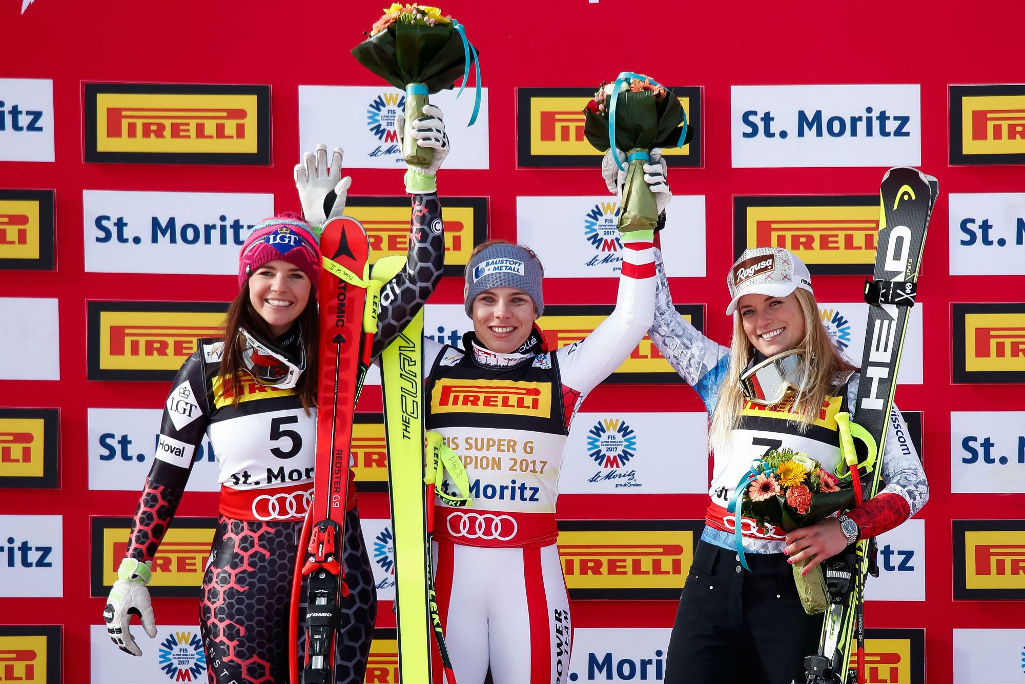 Weirather, Schmidhofer e Gut sul podio del superG iridato a St. Moritz 2017 (@Zoom agence)