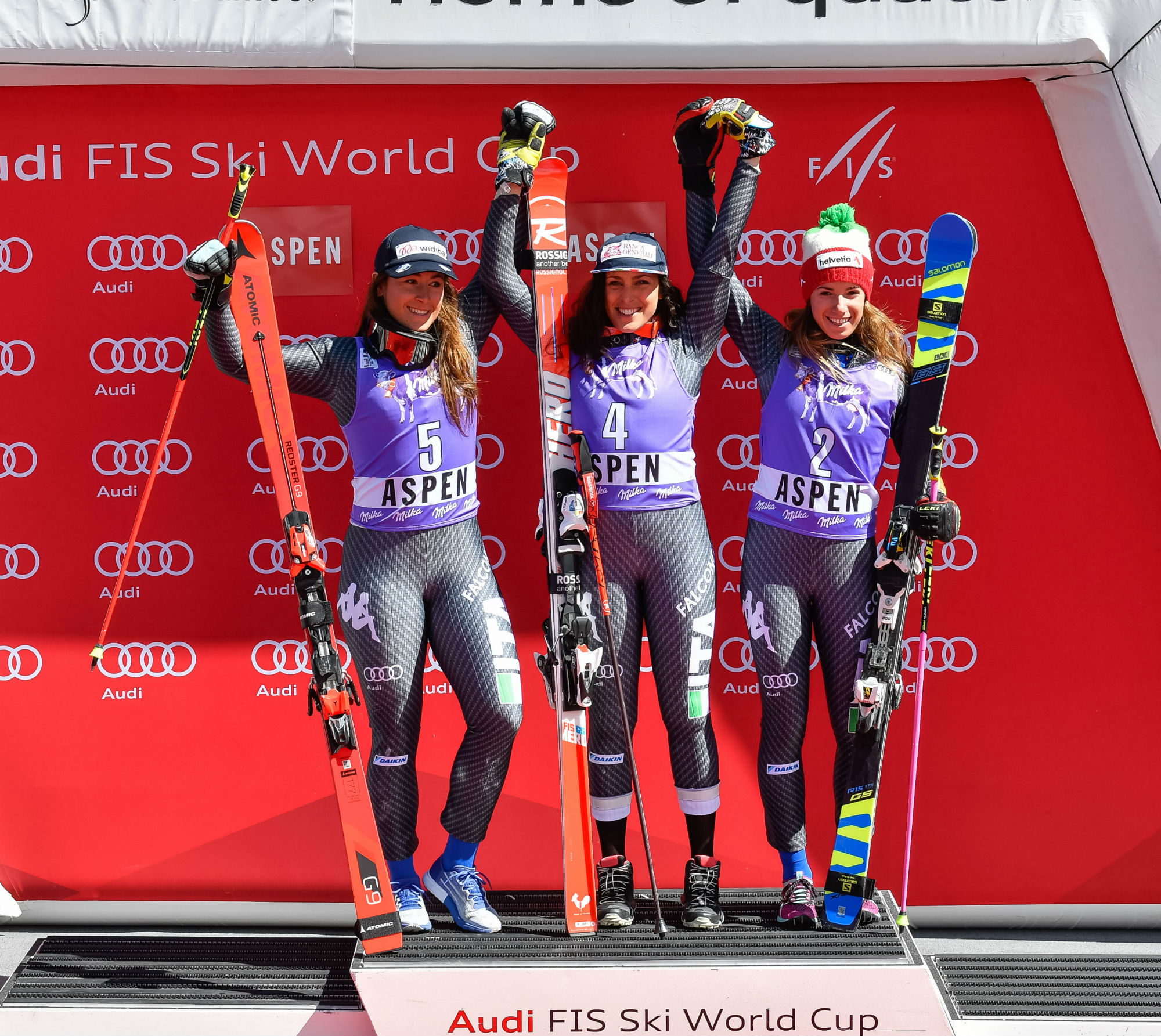 Sofia Goggia, Federica Brignone e Marta Bassino sul podio ad Aspen. La storia si compie il 19 marzo 2017 (@Pentaphoto) 