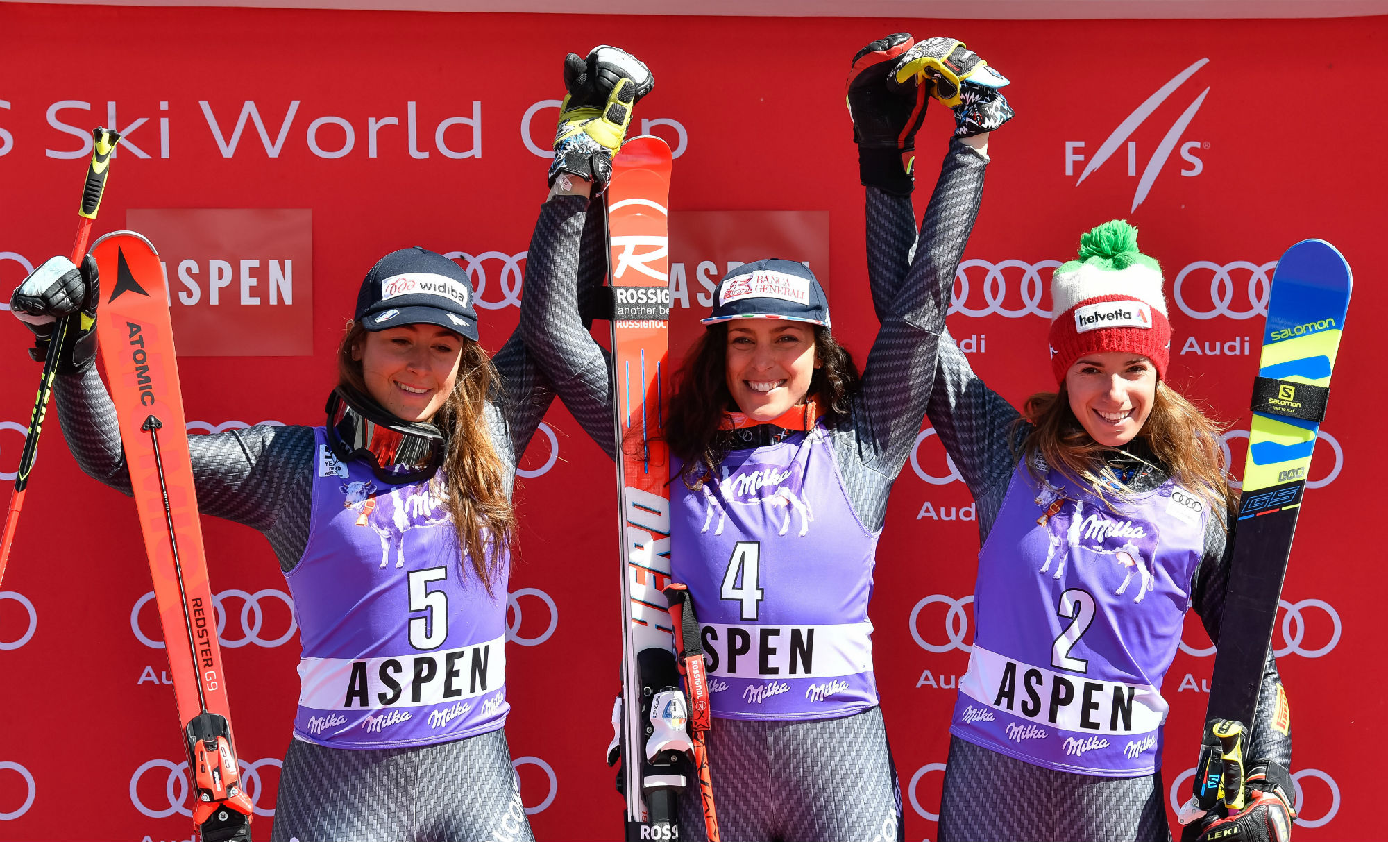 Sofia Goggia, Federica Brignone e Marta Bassino sul podio ad Aspen. La storia si compie il 19 marzo 2017 (@Pentaphoto) 