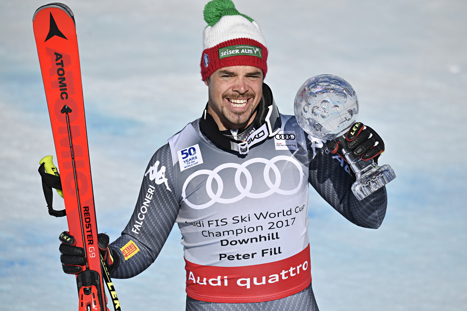 ASPEN, USA - MARCH 15: Peter Fill of Italy wins the globe in the overall standings during the Audi FIS Alpine Ski World Cup Finals Women's and Men's Downhill on March 15, 2017 in Aspen, USA (Photo by Francis Bompard/Agence Zoom)