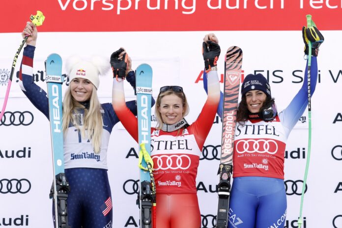 Il podio del superG delle Finali di Sun Valley
