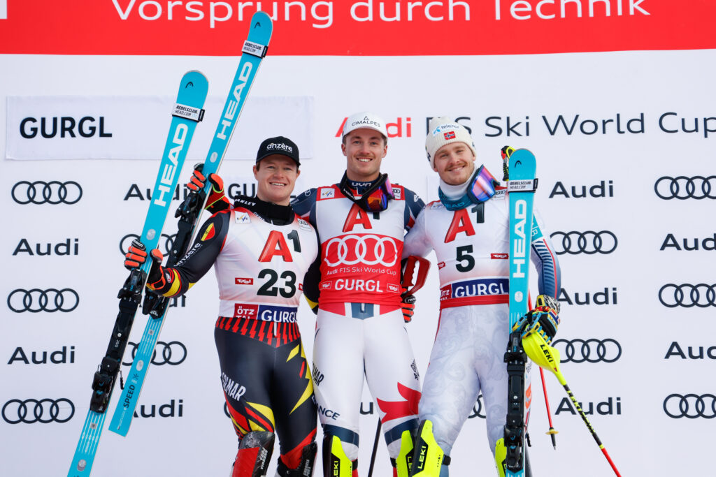 Da sinistra: Armand Marchant, Paco Rassat e Atle Lie McGrath, ovvero il podio dello slalom maschile di Gurgl ©Agence Zoom