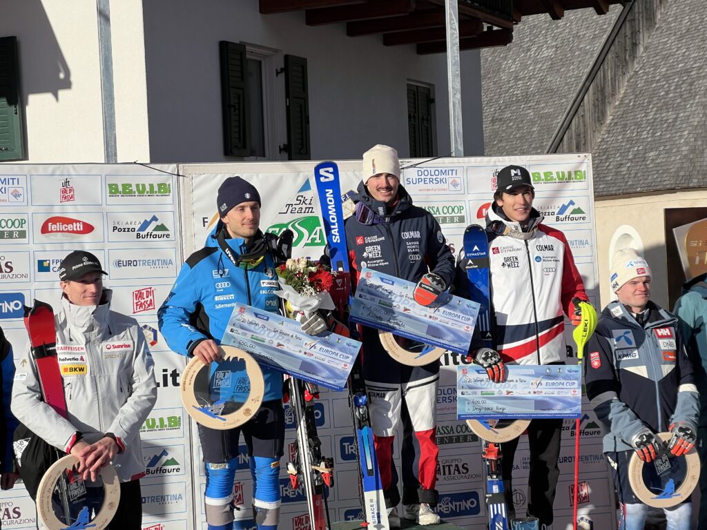 Il podio dello slalom di Coppa Europa sulla "Aloch"