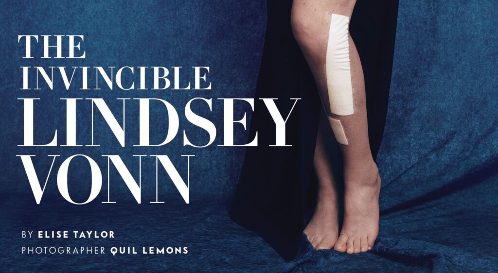 Un dettaglio della copertina di Vanity Fair, in cui si vede il ginocchio infortunato di Vonn @Quil Lemons/Vanity Fair